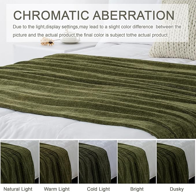 Chenille Throw Blanket for Couch 50"X 60", Soft Cozy Throws with Fringe Tassel for Bed Sofa Chair Cover, Lightweight Knitted Decorative Boho Blankets for Living Room, Olive Green