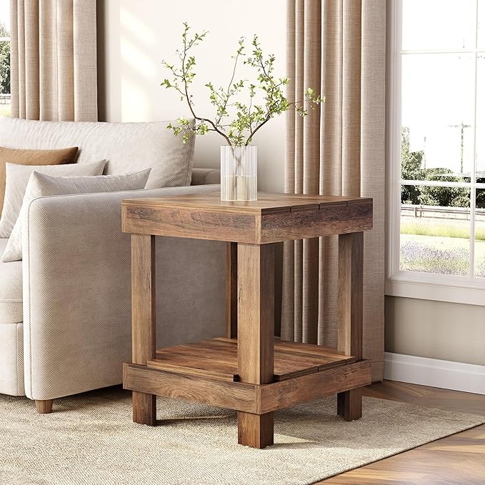 LITTLE TREE End Table Set of 2, All Wooden 2-Tier Square Side Table with Storage Shelves, Farmhouse Style Side End Table for Living Room, Small Bedside Table Nightstand for Bedroom, Reclaimed Natural