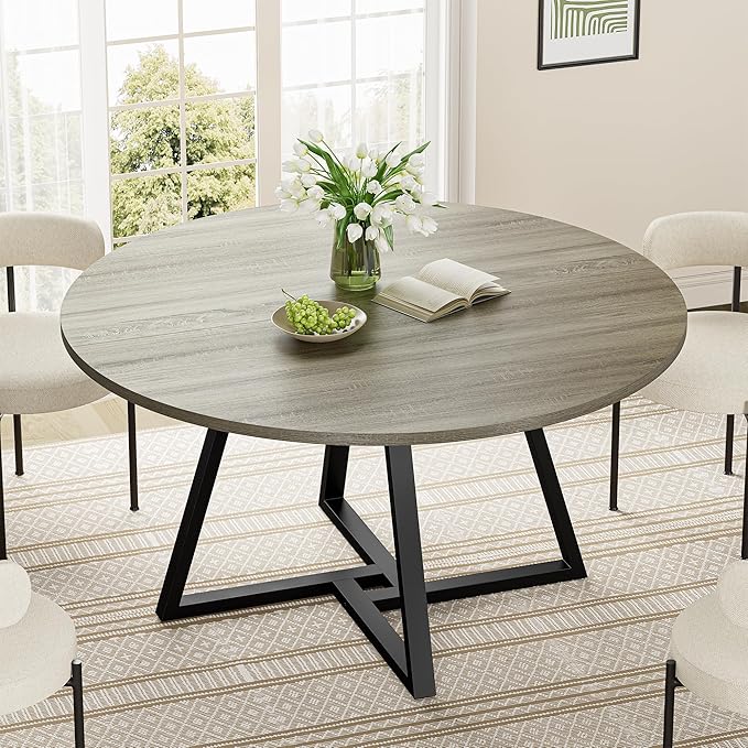 IRONCK 51" Round Dining Table for 6, Wood Kitchen Table with Metal Base, Space Saving Industrial Circle Dinner Table for Kitchen Dining Room, Gray