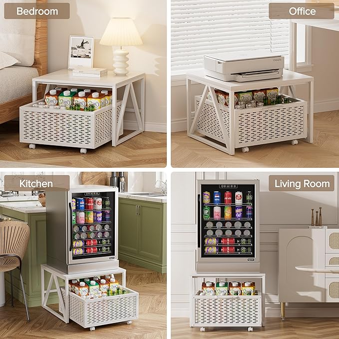 Urban Deco Mini Fridge Stand with Storage, Heavy Duty Fridge Cart with Drawer Basket, Mini Refrigerator Table for 220 LBS, Mobile Fridge Stand with Swivel Wheels for Dorm,Office,Home,White