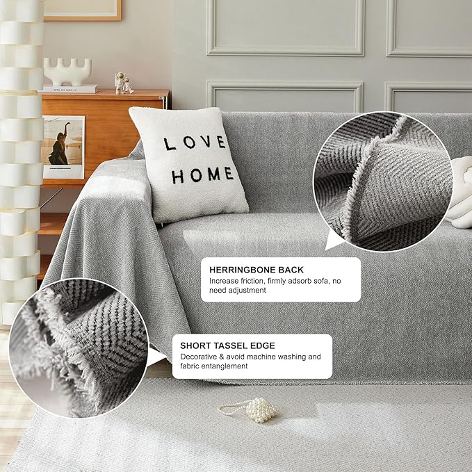 STACYPIK Soft Dark Gray Couch Cover for Pets, Herringbone Jacquard Sofa Covers for 3 Cushion Couch,Skin-Friendly Washable Sofa Covers for Loveseat, Non Slip Sectional Sofa Blanket Cover-91X134IN