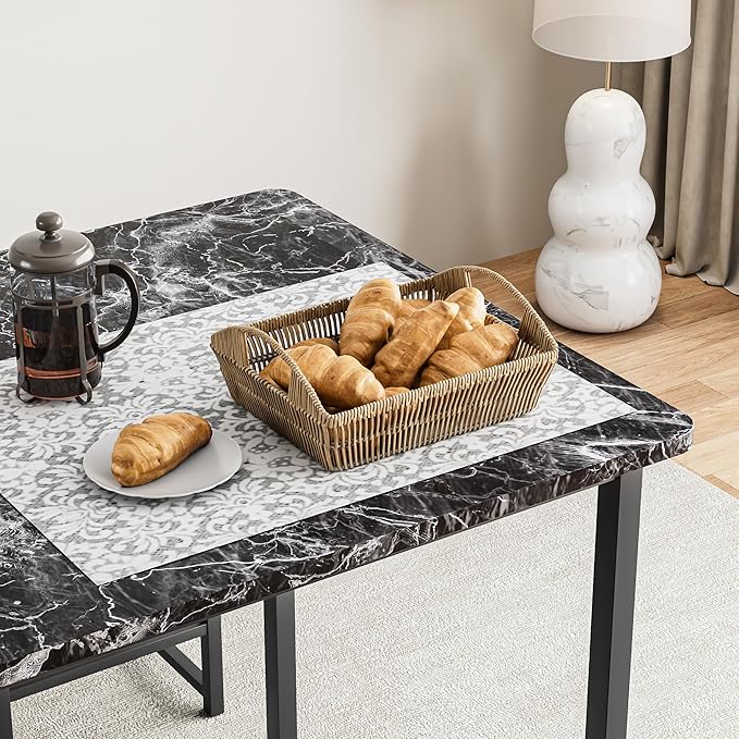 VECELO Kitchen Table and Chairs for 4, Dining Room Set with PU Chairs/Stools, Heavy-Duty Metal Frame, Faux Marble Tabletop, Space-Saving Design for Small Spaces, Easy Assembly, Elegant Black