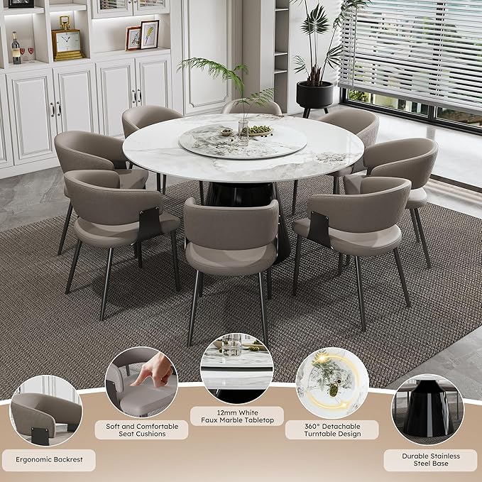 Ball & Cast 9-Piece Dining Set,Faux Marble Table with Detachable Rotating Tray & 8 PU Leather Chairs,Modern Kitchen Dining Room Table Set w/Stainless Steel Base,for Restaurant & Home,Grey