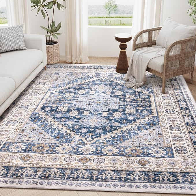 zesthome 4x6 Rug - Stain Resistant Washable Rug, Anti Slip Backing Rugs for Living Room, Foldable Vintage Small Area Rugs (Blue/Beige,4'x6')