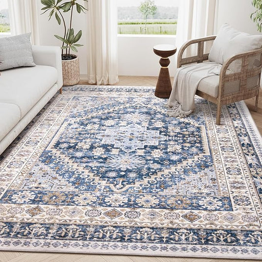 zesthome 5x7 Area Rugs - Ultra-Thin Washble Rug, Stain Resistant Anti Slip Backing Rugs for Living Room,Bedroom, Vintage Home Decor Area Rug (Blue/Beige,5'x7')