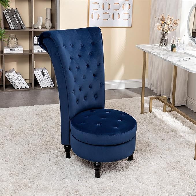 Container Furniture Direct Royal High-Back Velvet Accent Chair for Vanity with Storage and Luxurious Upholstery, Retro Design and Versatile Usage for Living Room, Bedroom, Lounge and Office, Dark Blue