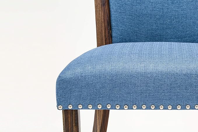 East West Furniture VEP7T21 Verona Parson Kitchen Chairs - Nailhead Trim Blue Color Linen Fabric Upholstered Dining Chairs, Set of 2, Jacobean