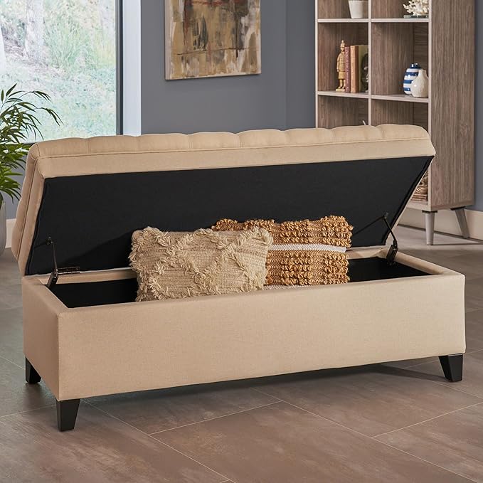 Ball & Cast 50" Upholstered Storage Ottoman with Button-Tufted Diamond Stitching,End Bench w/Uses Pressure Hinges and Legs,Versatile Entryway Footrest Stool for Living Room & Bedroom,Beige