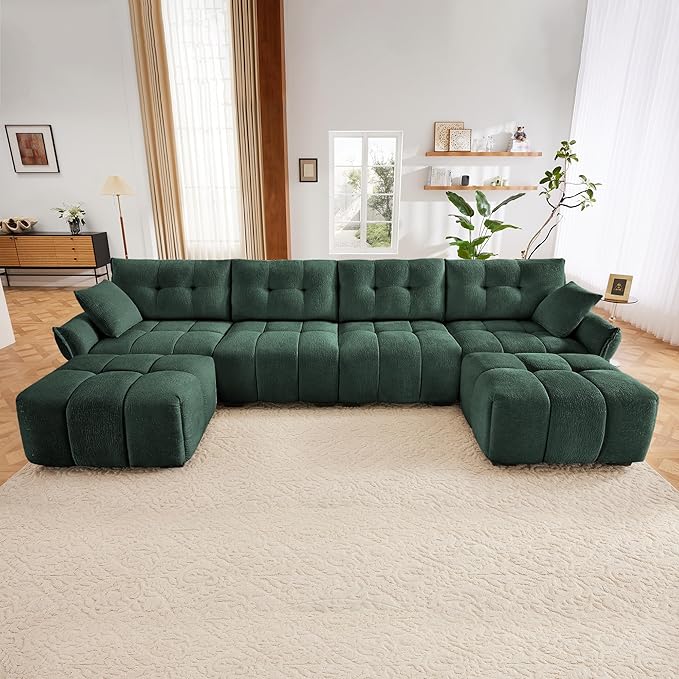 Modern Chenille Fabric 4-Seat Sofa w/Two Ottoman+2 Pillows, Premium Upholstery Living Room Couch with Tufted Backrest & Comfortable Armrests and High-Resilience Memory Foam Cushions,Green