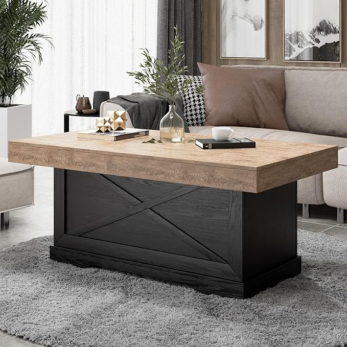 Coffee Table 39 in Rustic Center Table with X-Design Wooden Pedestal for Living Room, Space Saving, Easy Assembly Rectangle Home Office Tea Accent Table for Apartment, Dark Oak Black