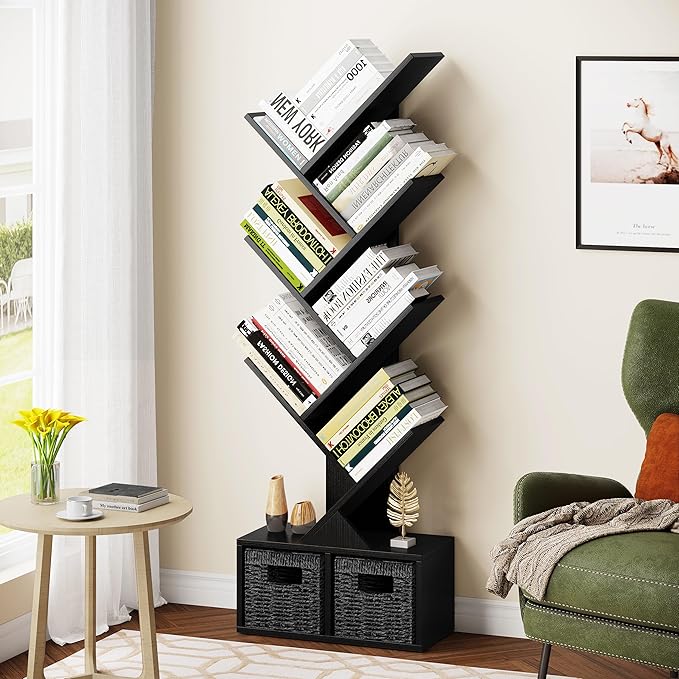 Vagusicc Tree Bookshelf, 6 Tier Bookshelf with Storage, Tall Narrow Bookcase, Rustic Wood Book Storage Rack for CDs/Books, Small Book Organizer Shelves for Bedroom, Living Room, Home Office, Black