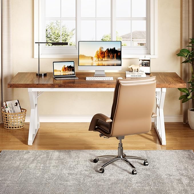 LITTLE TREE 70.8-Inch Large Executive Desk, Modern Computer Office Desk, Wooden Writing Desk Study Table for Home Office