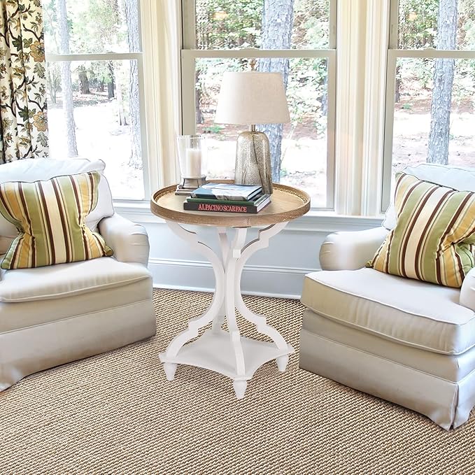 Wnutrees Farmhouse Round Accent End Table, Rustic Side Table Nightstands for Living Room, Wood Tray Top, Handcrafted Finish, Set of 2, White
