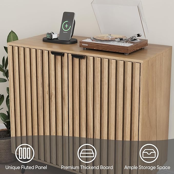 Smuxee Fluted Sideboard Cabinet, Freestanding Natural Buffet Cabinet with Adjustable Shelf, Wood Storage Cabinet for Living Room, Entryway, Hallway