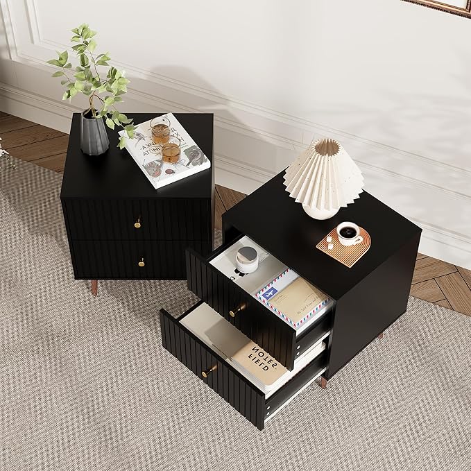 Black Night Stand Set 2,Modern Bedside Table with 2 Drawers Storage,Fluted Nightstand and Wood End Side Table with Rose Gold Metal Legs and Handles for Bedroom,Black