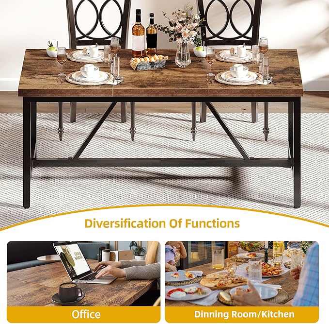 DWVO 70.8" Large Dining Room Table for 6-8 People Rectangle Kitchen Table Farmhouse Industrial Wood Style Dinning Tables with Heavy Duty Metal Leg Dinner Table for Apartment Restaurant Brown