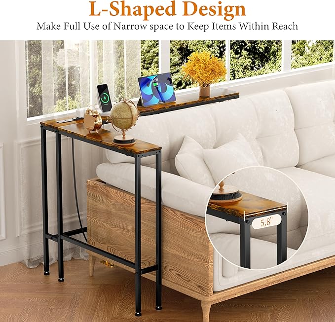 GRLEAF L Shaped Narrow Console Table with Outlet, 70" Sofa Tables Narrow Long, Behind Couch Table, Skinny Entryway Tables with Charging Station,for Living Room,Hallway (Rustic Brown,70IN)