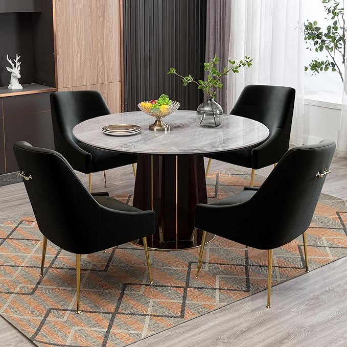 Modern Velvet Dining Chairs Set of 2, Contemporary Upholstered Furniture Collection with Polished Gold Metal Legs, Elegant Accent Chairs for Kitchen Living Room(Black)