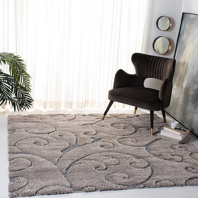 SAFAVIEH Florida Shag Collection Area Rug - 9' Square, Grey & Light Blue, Scroll Design, Non-Shedding & Easy Care, 1.2-inch Thick Ideal for High Traffic Areas in Living Room, Bedroom (SG455-1160)