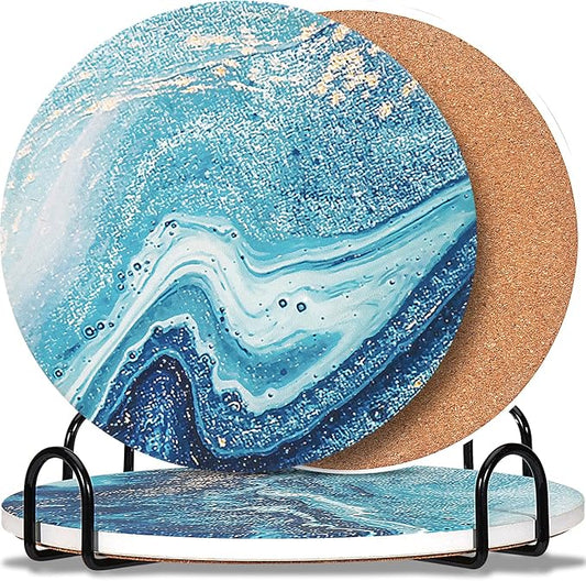 3-Pcs 7'' Ceramic Marble Style Trivet with Holder, Absorbent Trivets for Hot Dishes, Cork Bottom Anti-Slip Trivet Mats for Hot Pots and Pans