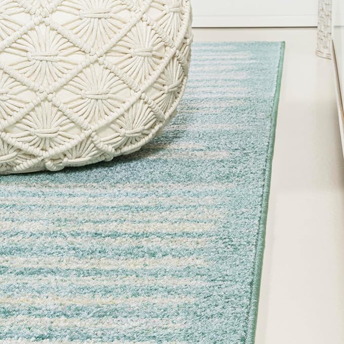 JONATHAN Y Khalil Modern Berber Stripe Turquoise/Cream Runner Rug, 2x8, Contemporary, Bohemian, Easy-Cleaning for Living Room, Bedroom, Kitchen, Pet Friendly, Non-Shedding (MOH207D-28)
