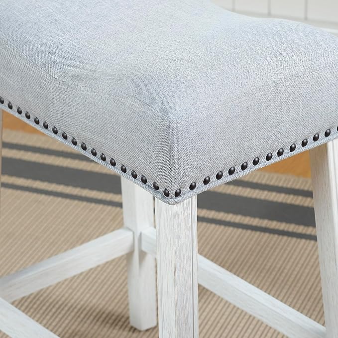 Roundhill Furniture Coco Upholstered Backless Saddle Seat Counter Stools 25.5" Height Set of 2, White-Wash Finish, Light Gray Fabric