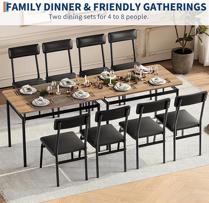 IDEALHOUSE 5 Piece Dining Room Table Set, Kitchen Table Set for 4 with Brown Wooden Grain Kitchen Table and 4 PU Upholstered Metal Chairs, Dining Room Set for Small Space,Home Dinner(4 Black Chairs)