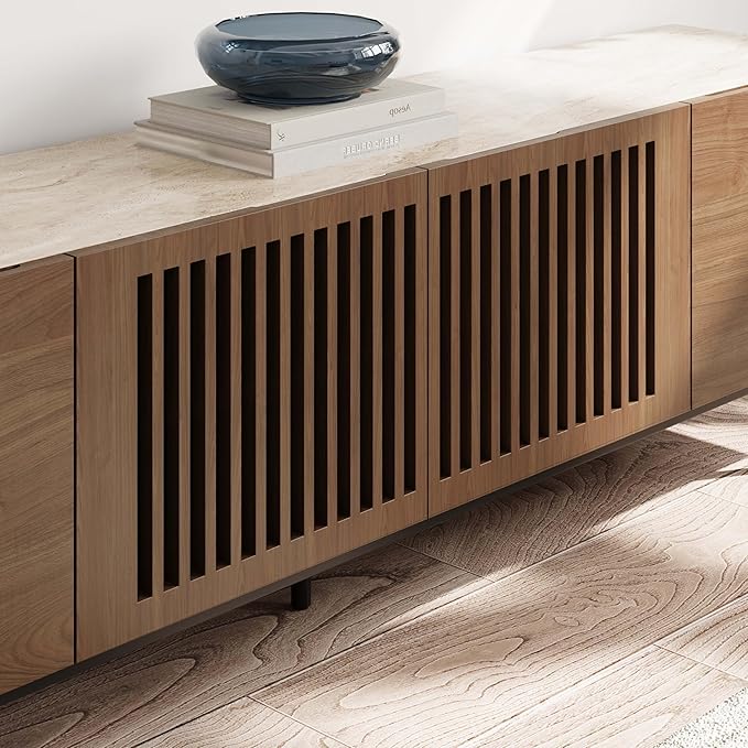 POVISON Fully-Assembled Mid Century Modern Sintered Stone TV Stand, Slatted Media Console TV Cabinet with Tall-cast Metal Legs, Fluted Entertainment Center with Storage (Walnut, 62.99")