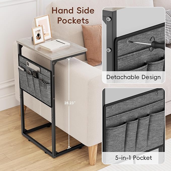Vagusicc C Shaped End Table, 28'' Tall Side Table for Couch, Small Couch Side Table, Tall Arm Chair Table TV Tray Tables Living Room, Slide Under Sofa Table with Metal Frame for Bedroom Small Spaces