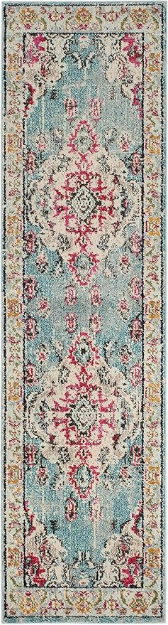 SAFAVIEH Monaco Collection Runner Rug - 2'2" x 8', Light Blue & Fuchsia, Boho Chic Medallion Distressed Design, Non-Shedding & Easy Care, Ideal for High Traffic Areas in Living Room, Bedroom (MNC243J)