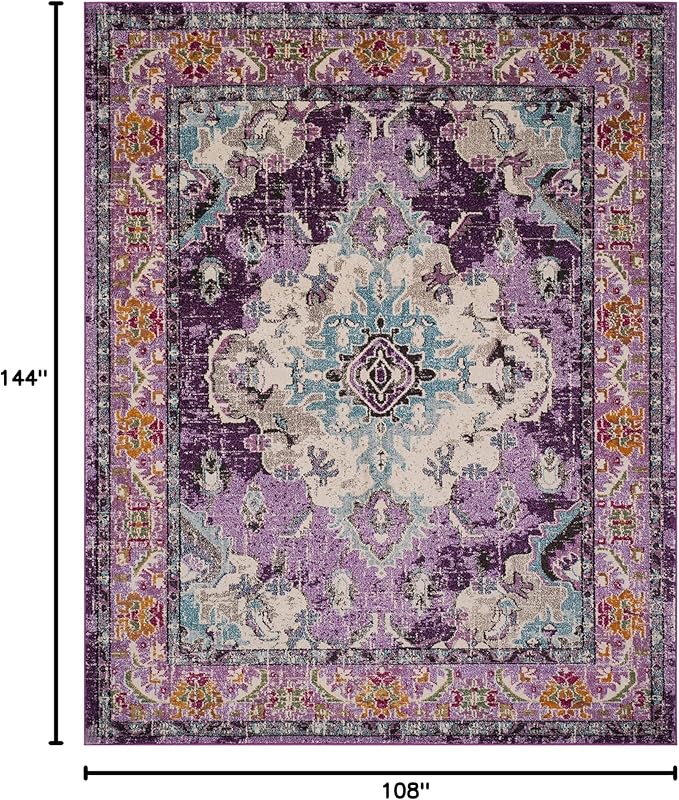 SAFAVIEH Monaco Collection Area Rug - 9' x 12', Violet & Light Blue, Boho Chic Medallion Distressed Design, Non-Shedding & Easy Care, Ideal for High Traffic Areas in Living Room, Bedroom (MNC243L)