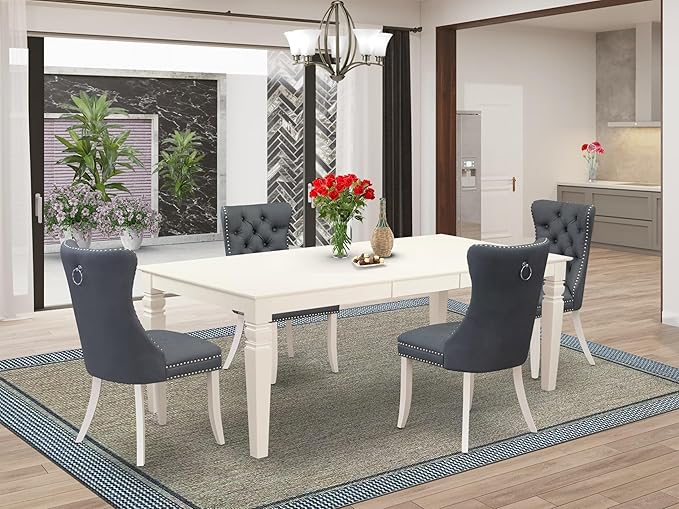East West Furniture LGDA5-LWH-13 5 Piece Kitchen Set Includes a Rectangle Dining Table with Butterfly Leaf and 4 Polyester Fabric Upholstered Chairs, linen white