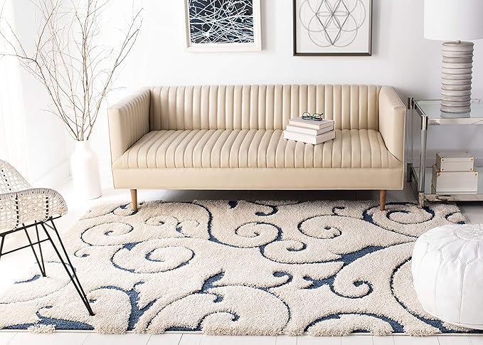 SAFAVIEH Florida Shag Collection Area Rug - 5'3" x 7'6", Cream & Blue, Scroll Design, Non-Shedding & Easy Care, 1.2-inch Thick Ideal for High Traffic Areas in Living Room, Bedroom (SG455-1165)