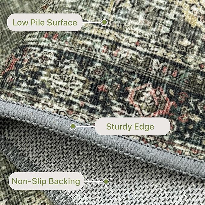 6X9 Area Rugs Machine Washable Rugs for Living Room, Vintage Boho Large Rugs for Bedroom Dining Room, Non Slip Indoor Soft Distressed Lightweight Thin Low Pile Carpet, Green