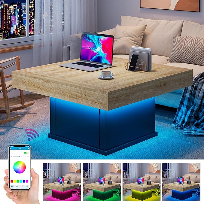 LED Coffee Tables for Living Room, Farmhouse Wood Coffee Table, 33.5" Square Coffee Table with Storage, Large Vintage Brown Center Table, Living Room Tables Cocktail Table (Natural)