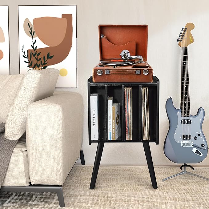 Wooden LP Record Player Stand with 4 Cabinets, Holds up to 100 Vinyls, Metal Record Storage Holder and Organizer Table, Classical Design for Files/Book (Mid-Century Modern)