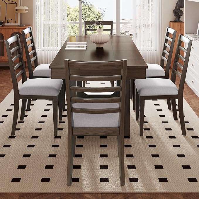 Merax 7 Piece Extendable Wooden Dining Table Set, Farmhouse Extendable with 18" Move Leaf, 78" Rustic and 6 Upholstered Chairs for Kitchen Room, Brown