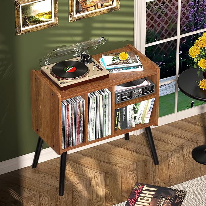 Record Player Table, Mid-Century Record Player Stand with Vinyl Storage Hold Up to 150+ Albums, Vinyl Record Cabinet with Adjustable Shelves, Wood Turntable Stand for Music Living Room (Oak)