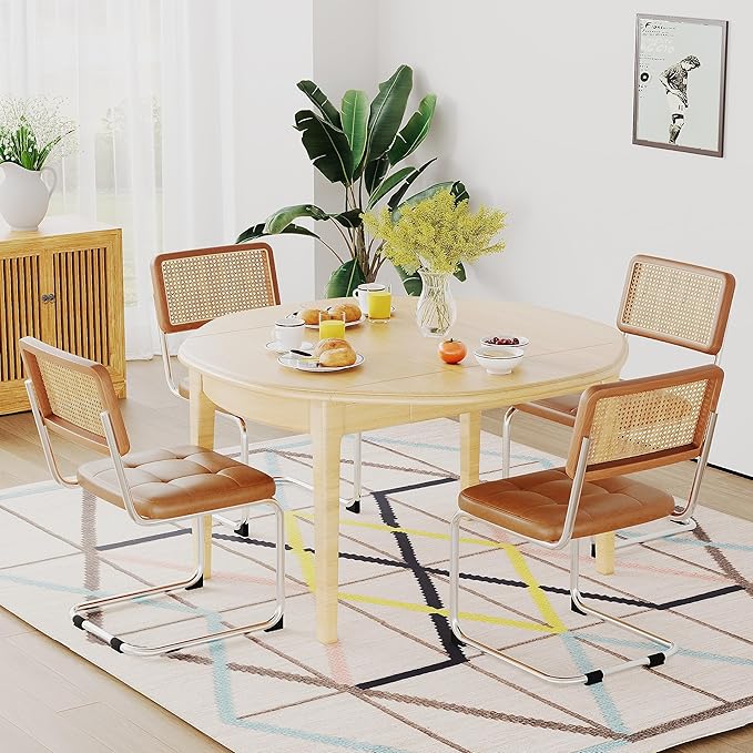 Rattan Dining Chairs Set of 2 Mid Century Modern Kitchen Chairs with Natural Rattan Backrest Oak Frame and Upholstered Pu Seat Chairs with Metal Legs