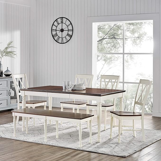 Crosley Furniture Shelby 6-Piece Traditional Dining Table Set for 7 with 4 Chairs and a Wood Bench, Distressed White