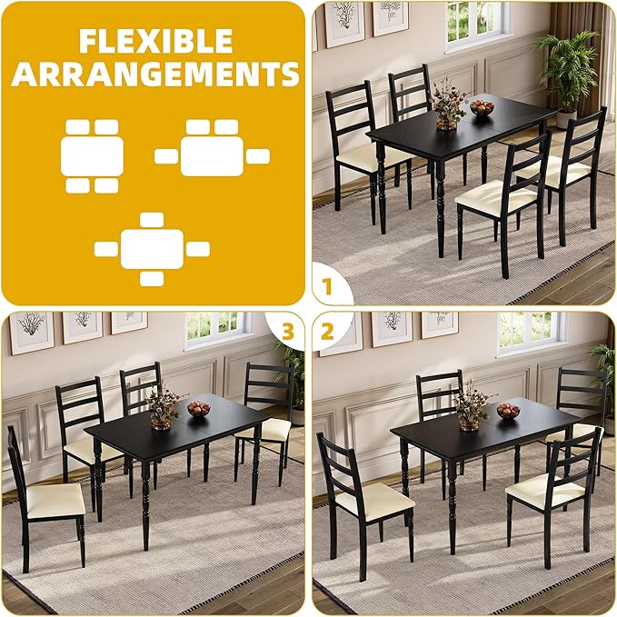 DWVO 5-Piece Dining Table Set for 4, Kitchen Dining Room Table with Upholstered Chairs, Faux Leather Cushions, Modern Rectangular Dinner Table Set for Small Spaces & Apartment, Black