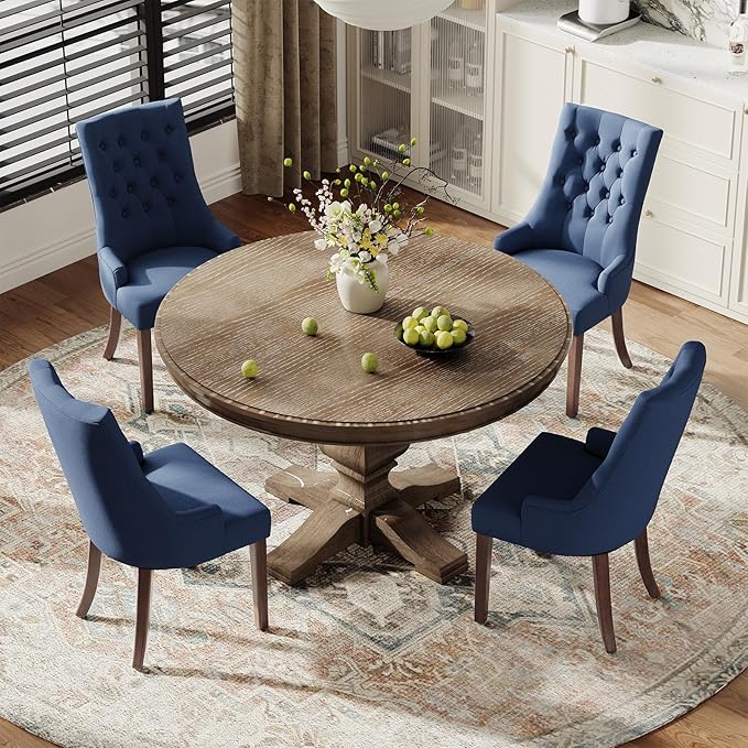 COLAMY Wingback Upholstered Side Dining Room Chairs Set of 6, Fabric Dining Chairs with Tufted Button, Living Room Chairs for Home Kitchen, Blue