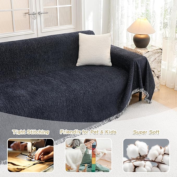MYSKY HOME Oversized Couch Cover Sofa Covers Couch Covers for 3 Cushion Couch Sofa Pet Friendly L Shaped Couch Cover Sectional Couch Cover Non Slip Furniture Protector for Kids, 91"x150", Navy Blue