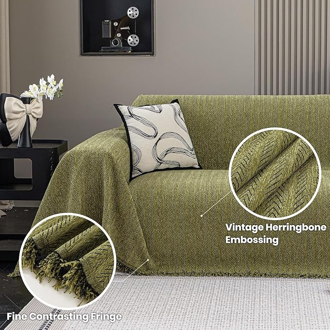 Nobildonna Sofa Cover Washable Soft Thicken Chenille Couch Cover with Tassel,Waterproof Sofa Slipcover for 3-4 Cushion Couch,Sectional Sofa,L-Shaped Furniture Protector Pet-Friendly,Green 91"x150"