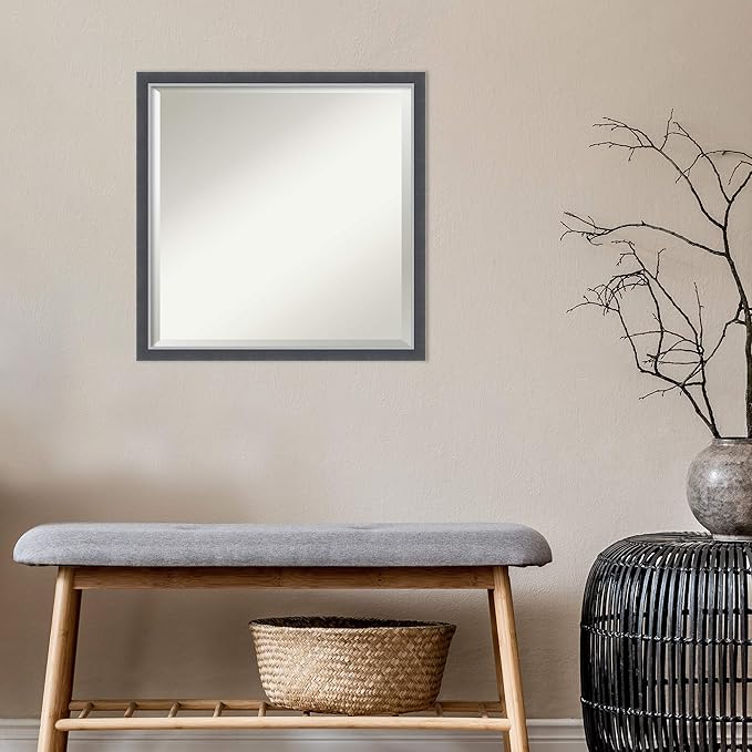 Amanti Art Black Bathroom Mirror for Over Sink, 22x22 Eva Black Silver Thin Square Vanity Mirror, Medium Modern Contemporary Frame, Hangs Horizonally and Vertically, Bathroom Wall Decor, Beveled Edge