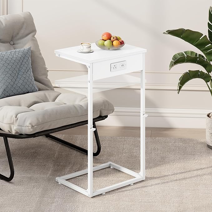 Vagusicc C Shaped End Table with Charging Station, Adjustable Height Side Table for Couch, Small End Table Small Spaces, 33.2'' Tall Couch Tables that Slide Under, Tv Tray Table for Living Room, White