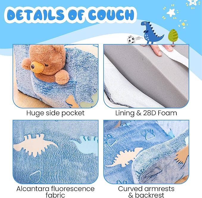 Lamerge 2-in-1 Toddler Couch,Glow in The Dark Baby Floor Bed,Foldable Toddler Chair Kids Sofa for playroom,Convertible Sofa to Lounger for Girls and Boys (Blue and Dinosaur)