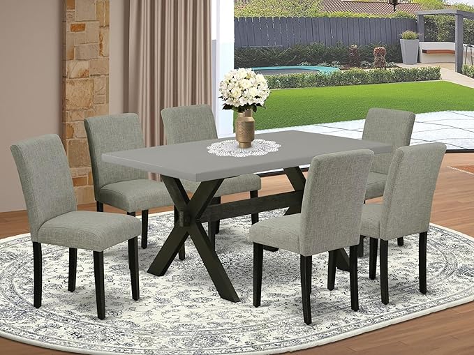 East West Furniture X696AB106-7 7 Piece Modern Dining Table Set Consist of a Rectangle Wooden Table with X-Legs and 6 Shitake Linen Fabric Upholstered Chairs, 36x60 Inch, Multi-Color