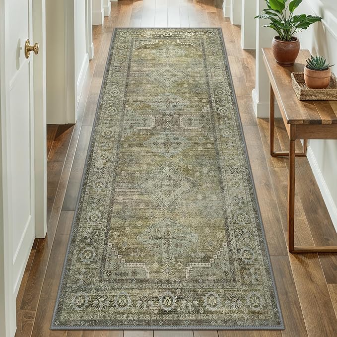 GENIMO Runner Rug 2x12 Non Slip Machine Washable Vintage Hallway Runner Rugs, Low Pile Lightweight Mat for Living Room, Entryway, Bedroom, Kitchen and Corridor, Distressed Sage