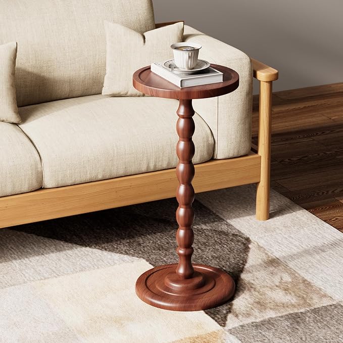 Solid Wood Drink Table, Rubber Wood‌ Small Round Side Table for Small Spaces, Martini Tables, Pedestal End Tables for Living Room, Bedroom, Corners, and Office (Light Walnut, 11.81inch)